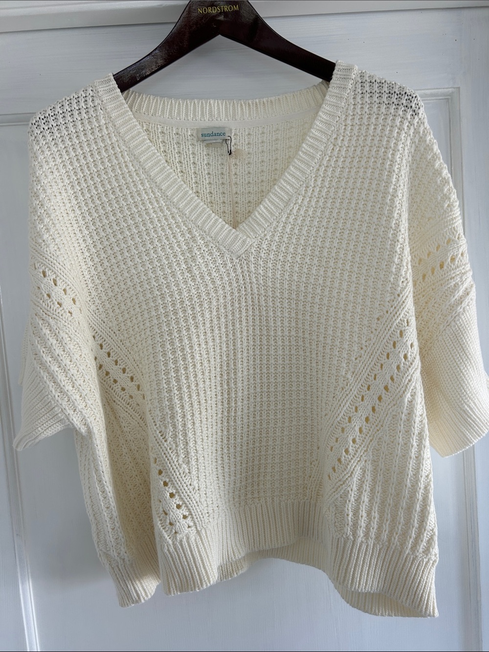 Sundance Cream V-Neck Textured Knit Sweater